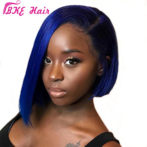

13*4 synthetic lace front wigs for women blue color short bob wig straight plucked with baby hair, Black
