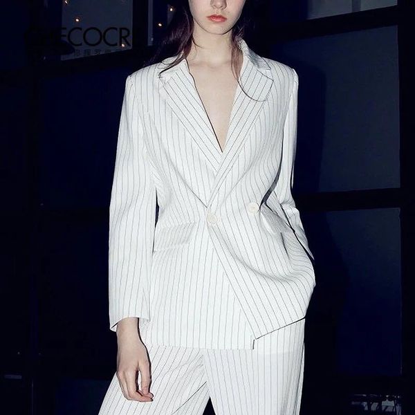 

longqibao2019 new women's spring dress british wind striped suit jacket loose casual nine points pants women's suit, White