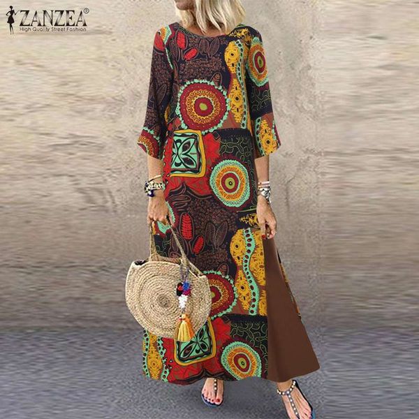 

vintage printed maxi dress women's stitching sundress 2020 zanzea spring casual long sleeve tunic vestidos female o neck robe, Black;gray