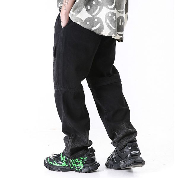 

мужчины съемная ножка casual джинсовая cargo pant мужской streetwear hip hop сыпучие широкие ноги джинсы брюки, Blue