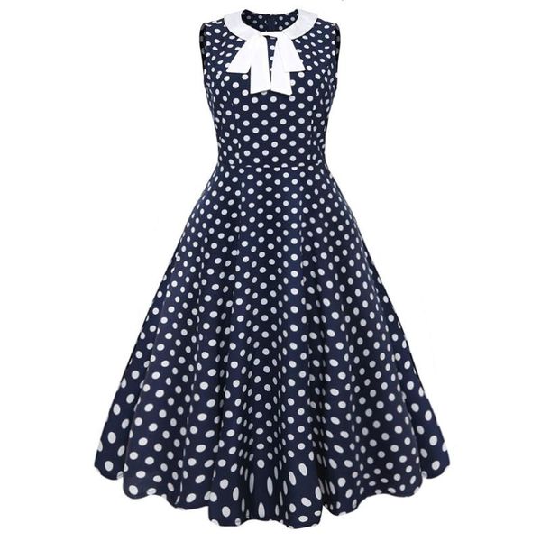 

casual dresses round neck bowknot ties sleeveless summer women vintage dress 60s style navy polka dot swing retro robe vestidos, Black;gray