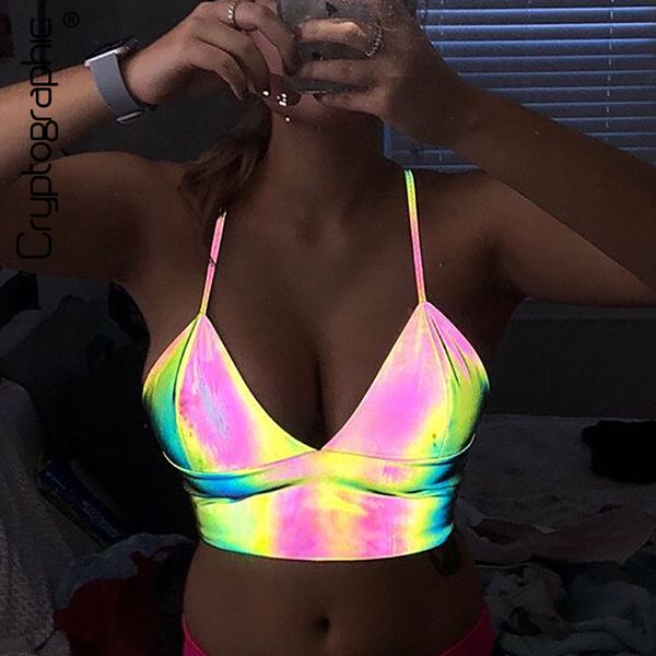 

cryptographic holographic v-neck strapless bralette crop sleeveless summer festival streetwear cropped feminino, White