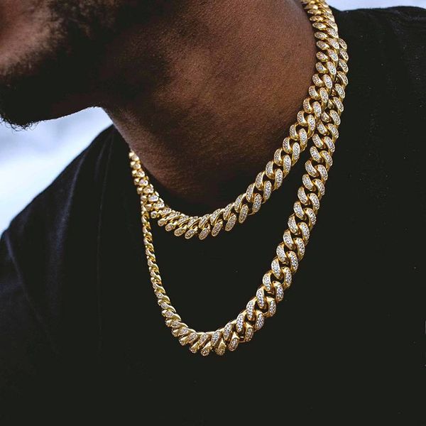 

miami curb cuban chain necklace men kolye gold silver hip hop iced out paved rhinestones cz rapper necklace jewelry