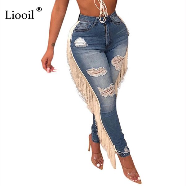 

liooil skinny denim jeans womens with tassel holes high waist pencil pants plus size bottoms wash distressed jean trousers, Blue
