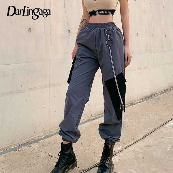 

darlingaga streetwear metal chain cargo pants women patchwork contrast color trousers pockets high waist pants harajuku pantalon, Black;white