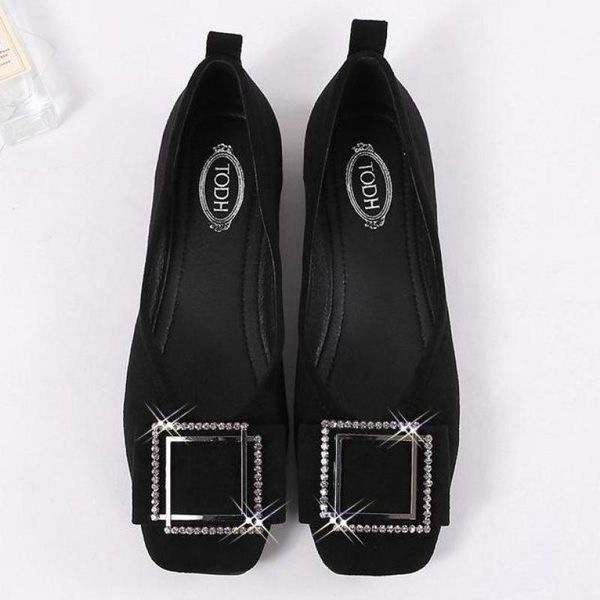 

women moccasins rhinestone buckle square toe suede flats soft leather single shoes lady crystal loafers shallow mouth boat shoes, Black