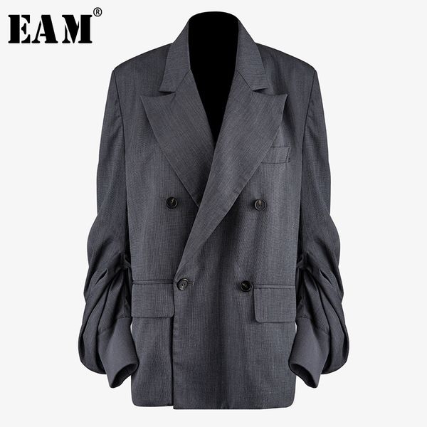 

eam] women gray pleated split blazer new lapel long lantern sleeve loose fit jacket fashion tide spring autumn 2020 1n497, White;black