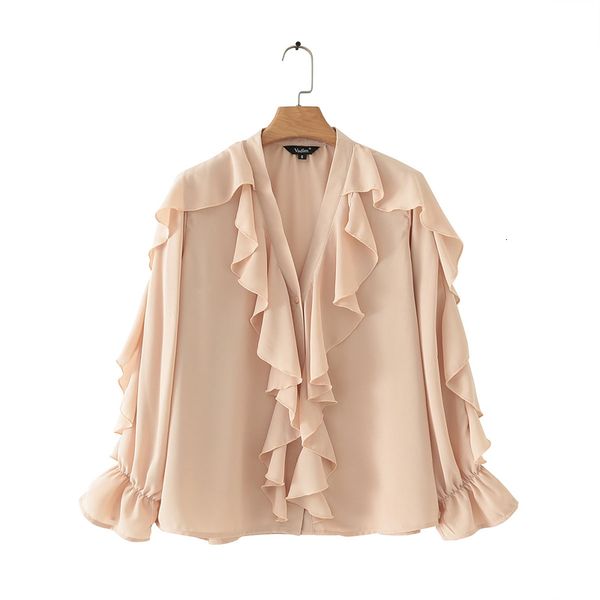

women clothing women blouses women stylish chiffon blouse ruffled transparent v neck long sleeve summer sweet wear v neck blusas, White