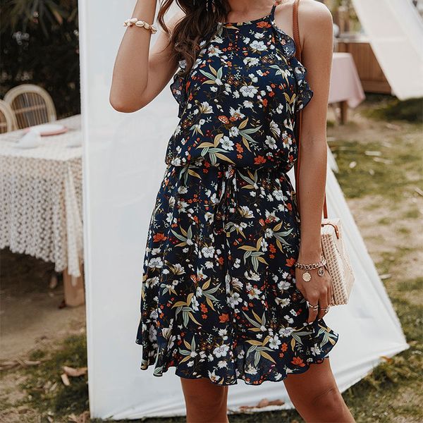 

flowers printed women's spaghetti strap mini dress ruffle hem drawstring belt female dresses summer ladies beach vestidos, Black;gray