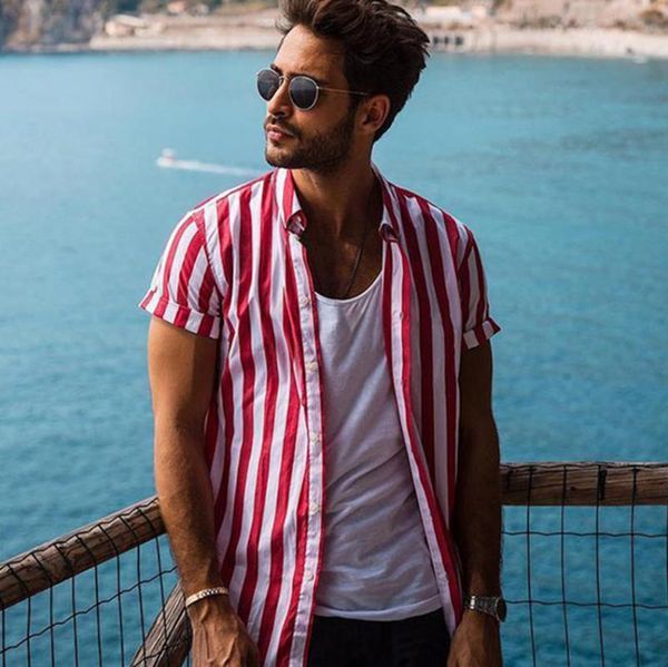 

striped shirt men short sleeve shirt summer collar men cotton slim fit man shirts summer loose hawaiian shirts male top, White;black