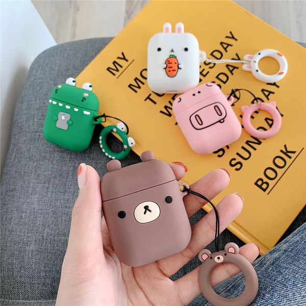 

for airpods case cute cartoon rabbit frog pig bear pattern earphone cases for apple airpods 2 cover funda with finger ring strap