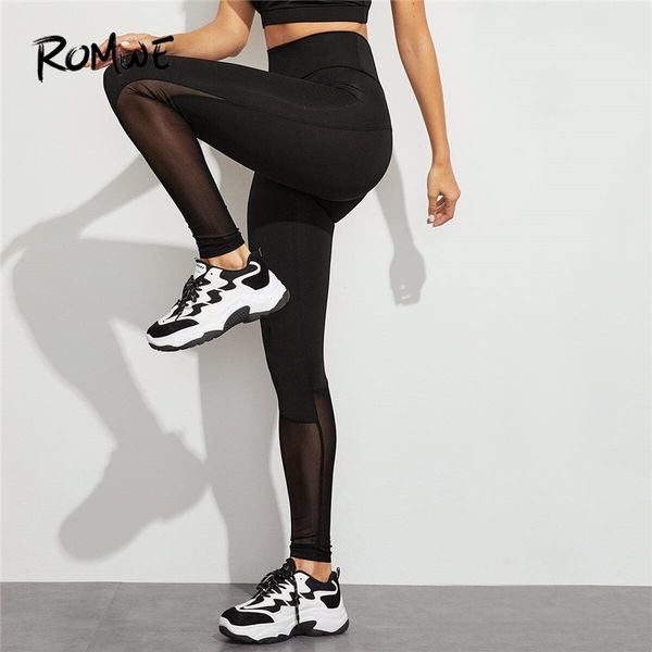 

romwe sporty contrast mesh широкополосные талии бег трусцой штаны женщины сплошные gym workout компрессионные брюки женские леггинсы фитнес, Black;blue