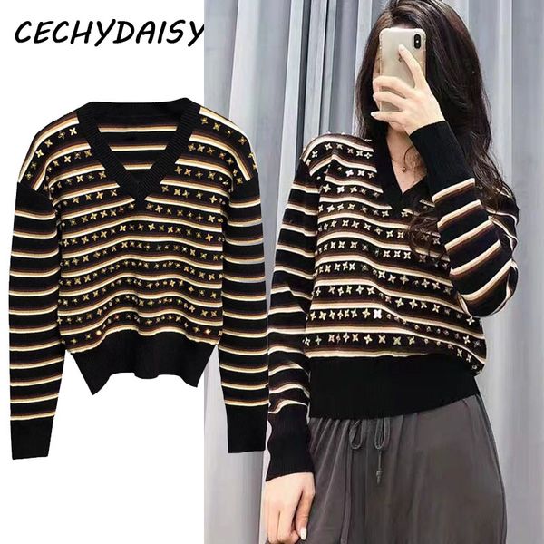

sweater women 2020 autumn v neck long sleeve striped sequined casual pullover luxury knitwear zaful ropa mujer suéteres, White;black
