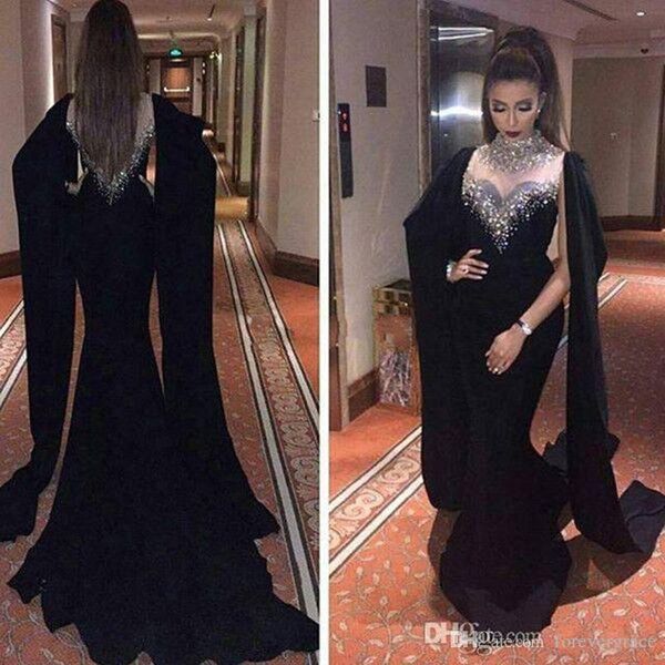 2019 Nova Chegada Preto Haifa Wahbe Vestido de Noite Longo Modest Mais Recente Sereia Árabe Dubai Formal Partido vestido Custom Made Plus Size