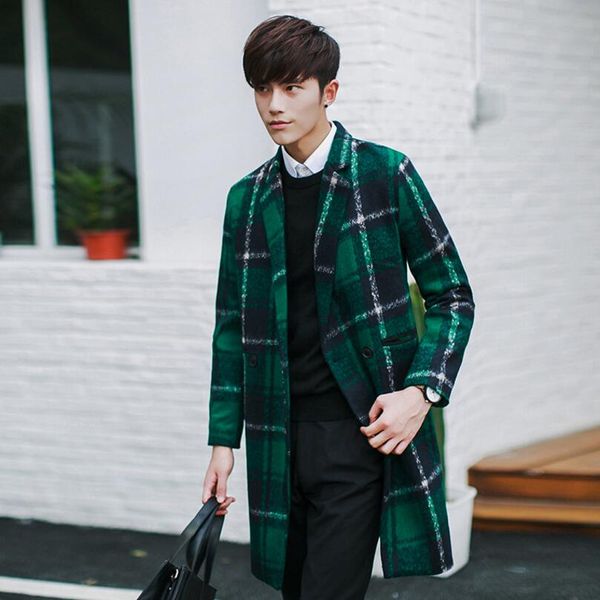 

europe and the united states autumn and winter large size long section plaid wool coat suit collar fashion men's clothing/m-5xl, Black