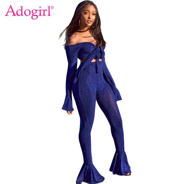 

shining silver wire two piece set tie bow off shoulder long bell sleeve crop skinny flare pants high stretchy outfit, White