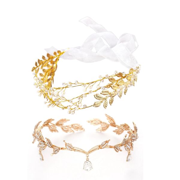 

1pcs imitation rhinestone waterdrop leaf tiara & 1pcs handmade ribbon gold leaves pearl headband crystal hair jewelry, Golden;white
