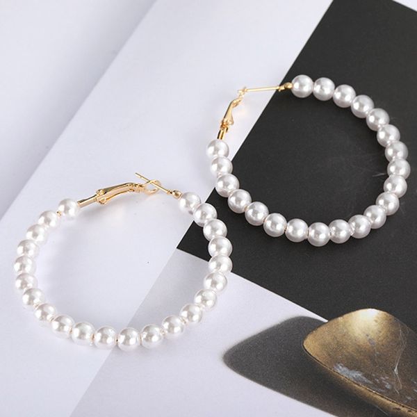 

new fashion simulated pearl statement big small hoop earrings for women exaggerate circle earrings personality nightclub jewelry, Golden;silver