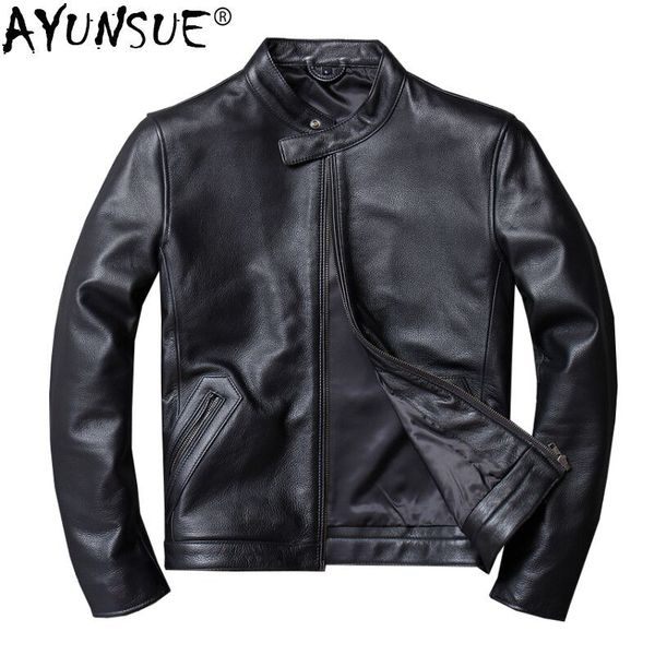 

ayunsue genuine cow leather jacket men sheepskin coat for men cowhide motorcycle jacket man bomber blouson cuir homme kj1452, Black