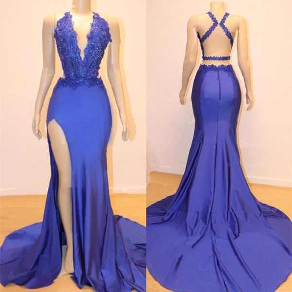 

deep v neck prom dresses lace appliques backless satin 2019 fashion cocktail party gowns side split floor length evening dresses, Black