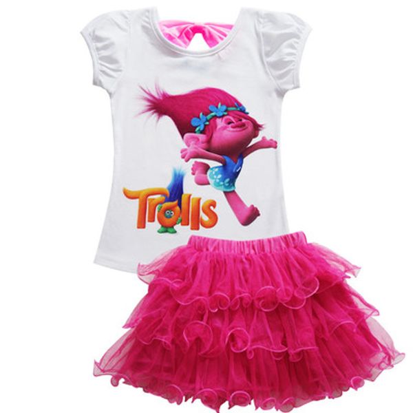 

new girl sets trolls short t-shirt dresses cartoon cotton costume children's suit girls tutu dress + tees kid birthday gift, Blue
