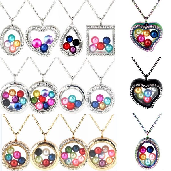 

20 styles 8-10mm pearl beads cage colored geometry magnetic glass floating locket pendants women charms 20" stainless steel necklace, Silver