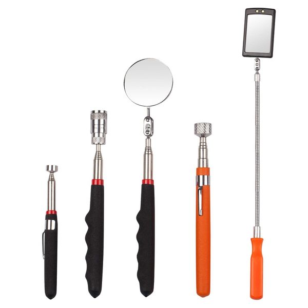 

5 pieces telescoping magnetic pick-up tool,including 10 lb/ 8 lb/ 5 lb pick-up rod and round/square inspection mirror set,telesc