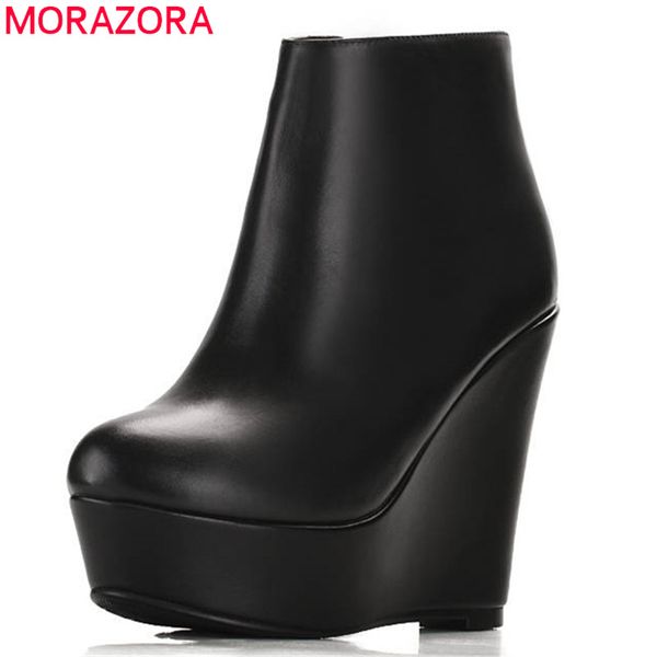

morazora 2020 genuine leather boots round toe spring autumn ankle boots women platform fashion wedges high heels shoes, Black
