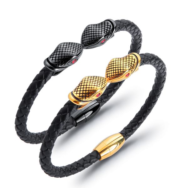 

pu leather bracelets for men double-snake head knit retro style hand chain mens jewelry for boys gifts, Golden;silver