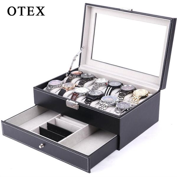 

luxury pu watch box double jewellery box treasure storage 12 grid black brown men / women's bracelet gift caixa de relogio, Black;blue