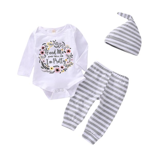 

Feed Me Newborn Baby Girls Boys Hat Tops Long Sleeve Autumn Bodysuit Jumpsuit Pants Floral Outfits Clothes Set 3-24M