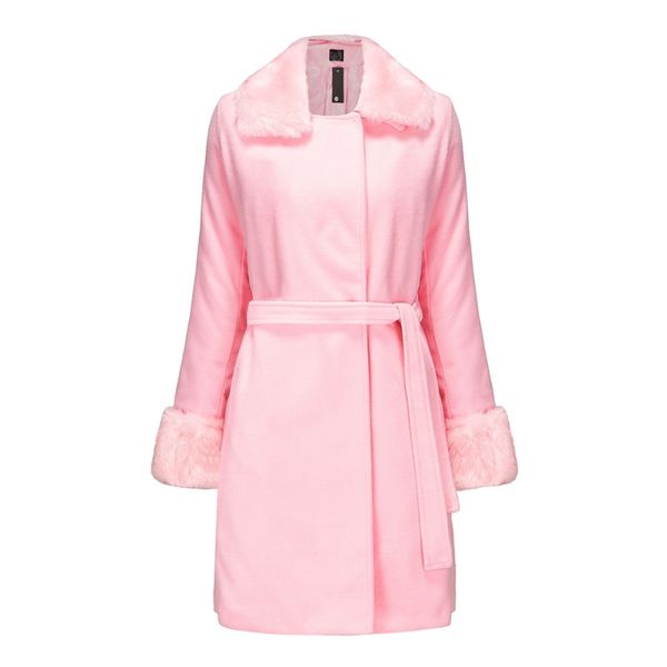 

autumn and winter coat slim long plush collar lace-up dark buckle woolen coat, Black