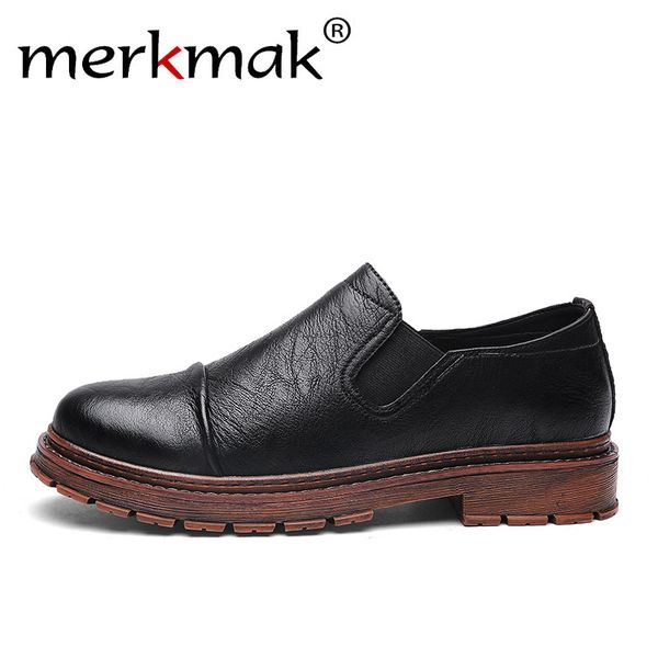 

merkmak classic loafers men winter shallow ankle boots man round toe casual shoes male's slip on leather driving shoes man flats, Black