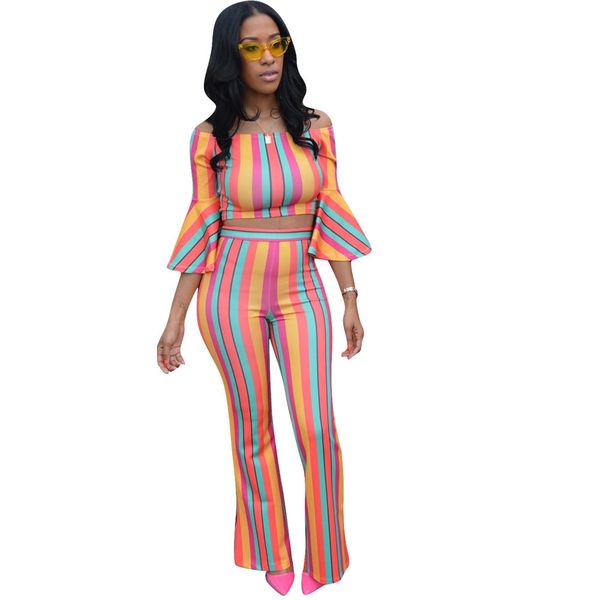 

vertical stripes print women set casual long flare sleeve off shoulder slash neck crop with pants women clothing set, Gray
