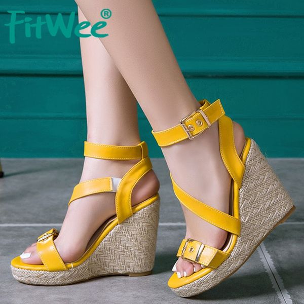 

fitwee 5 colors high heels sandals wedges summer women shoes fashion buckle lady work banquet ankle strap shoes size 34-46, Black
