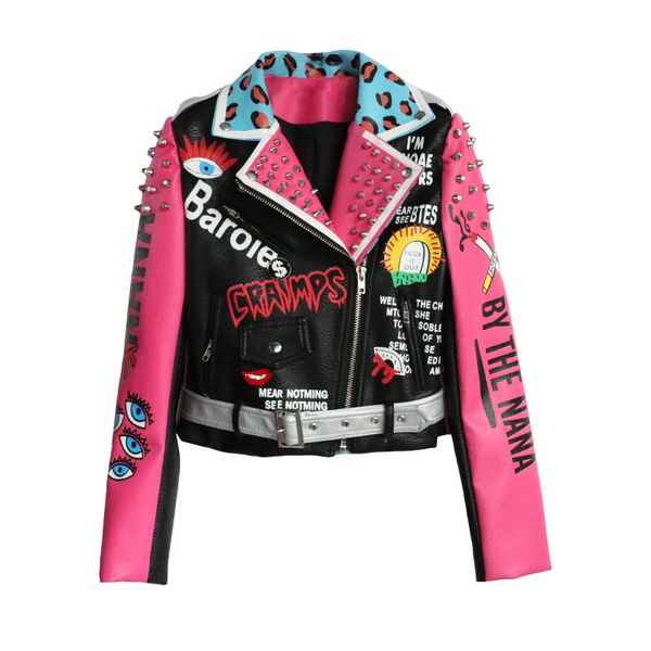 

2018 Autumn winter Women PU Leather Jackets heavy industry rivets leopard print graffiti motorcycle leather jackets Z313