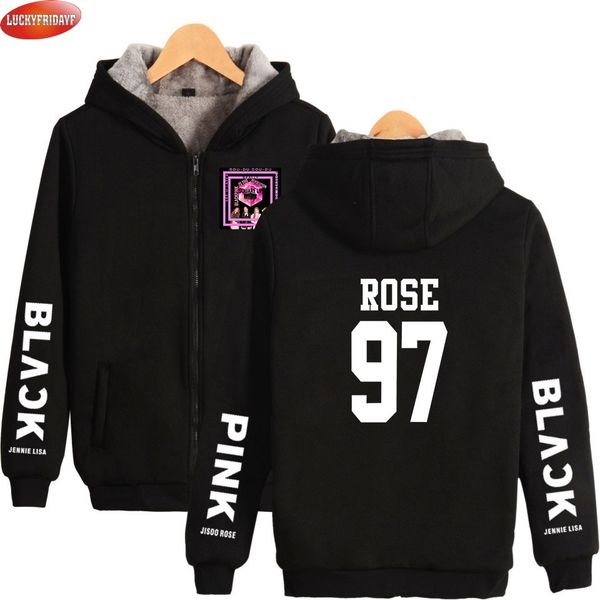 

blackpink kpop printed winter parkas women/men long sleeve zipper hooded warm coats 2018 casual fashion fans wear, Black