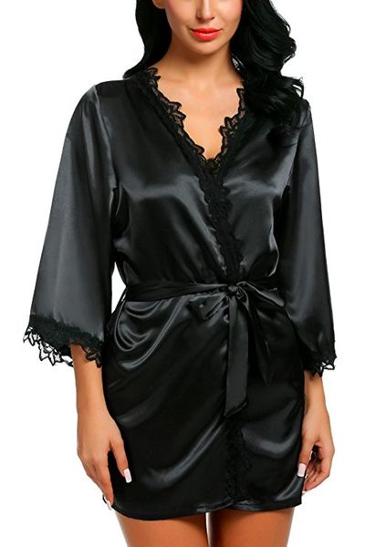 

lace sleeve women nightwear robes plus size wedding kimono satin silk female bathrobes bridemaids robes 2017 vs brand ho, Black;red