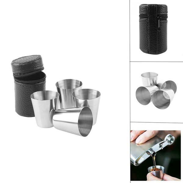 

4pcs/set travel cup stainless steel camping mug wine beer whiskey hip flask outdoor cup for hiking bar drinkware with pu leather