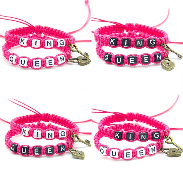 

2pcs/pair couple bracelets bling solid ink king and queen with key lock rope chains lovers gifts handmade charm bracelets, Golden;silver
