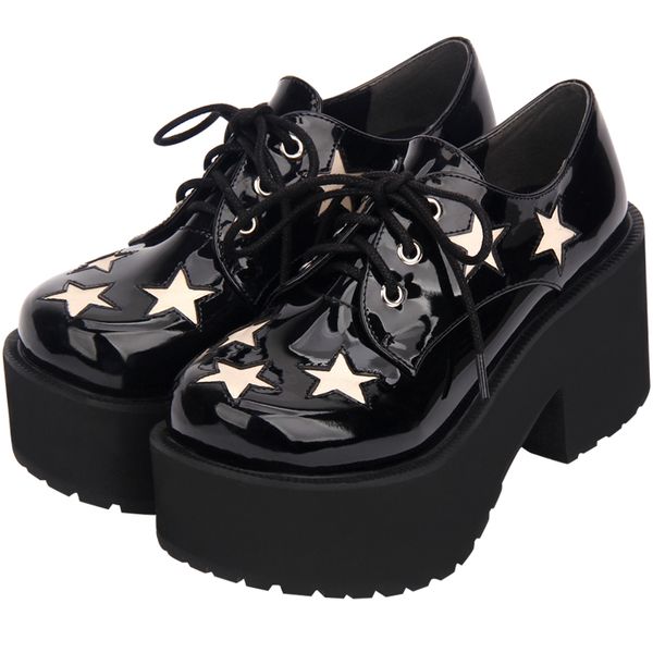 

women's punk shoes high platform stars glossy leather oxfords, Black