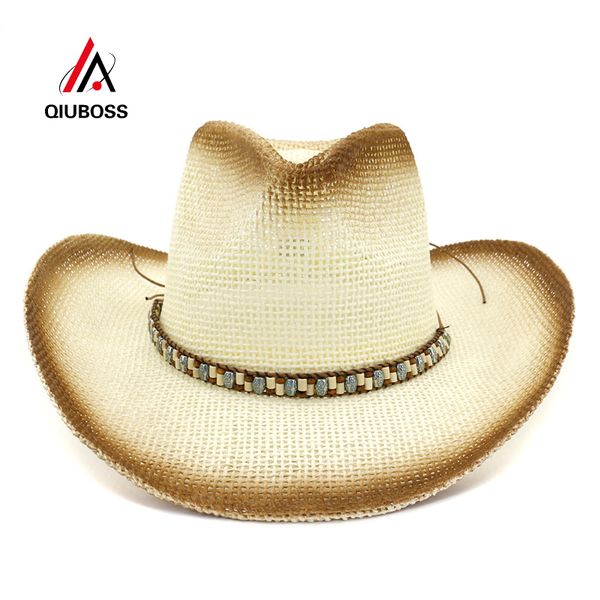 

qiuboss brown paint spraying paper straw cowboy hats women men summer wide brim shading hat beach sunhat panama sun cap, Blue;gray