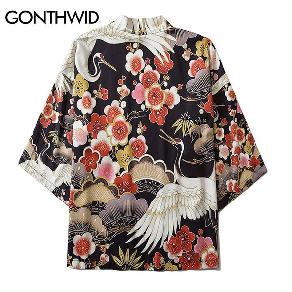

gonthwid cranes cherry blossoms flowers print front open kimono cardigan shirts jackets streetwear hip hop harajuku casual, Black;brown