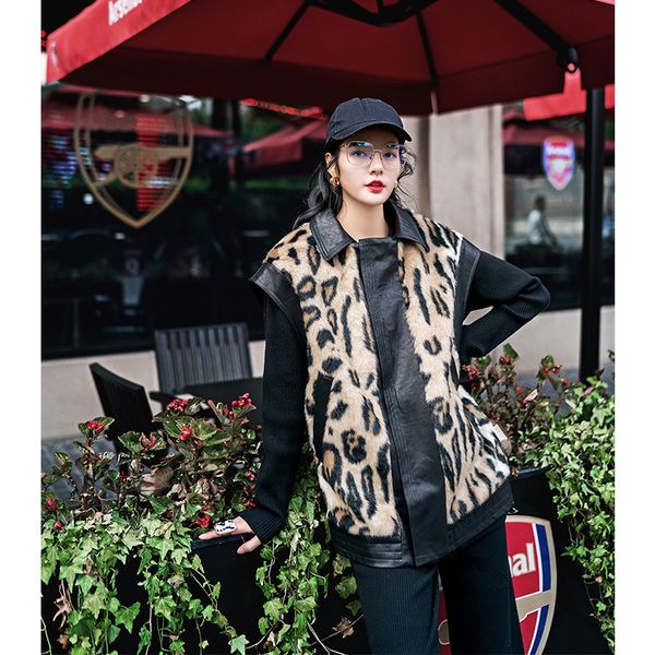 

new designer luxury wool waistcoat women turn down collar sleeveless female fashion long leather waistcoat vest streetwear, Black;white