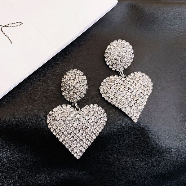 

big size cute heart shape plated rhinestones bridal earring crystal dangle wedding dress girls gift for christmas party, Silver