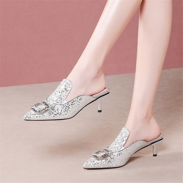 

pxelena bling bling sequined women muels rhinestone kitten strange heels slides lady summer spring slippers silver shoes, Black