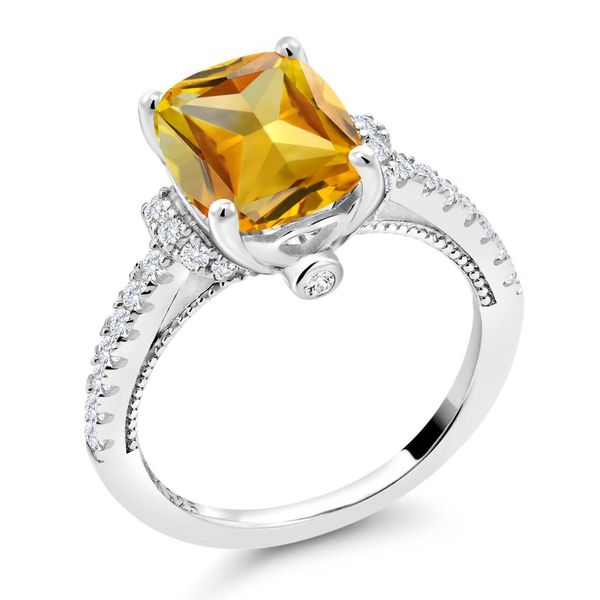 

3.25 ct cushion yellow citrine white created sapphire 925 sterling silver ring, Golden;silver