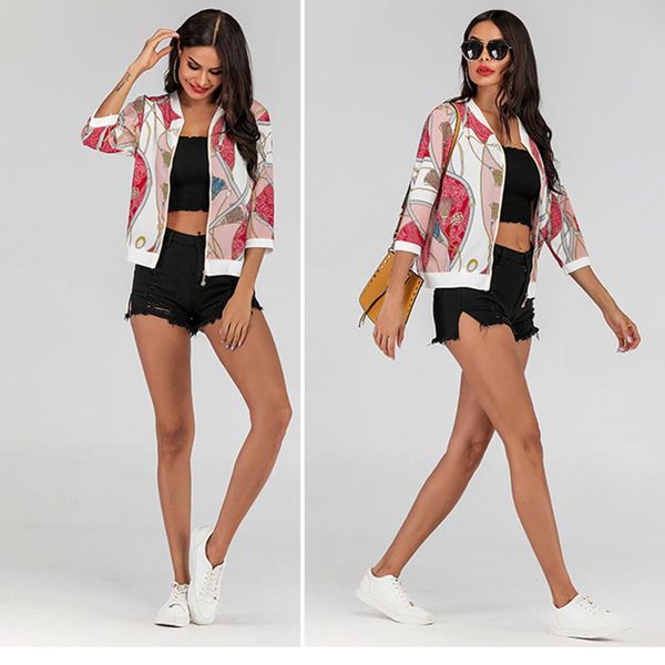 

women summer o-neck 3/4 sleeve printed zipper outwear casual white, Black;brown