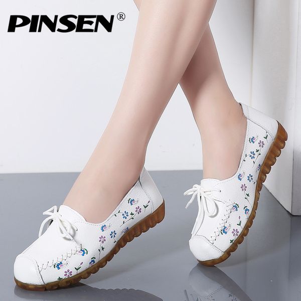 

pinsen autumn women genuine leather ballet flats casual shoes round toe lace up soft boat shoes female loafers ballerina flats, Black