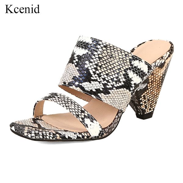 

kcenid 2019 women shoes summer spike heels high slippers women open toe snake print slides shoes female mules plus size 44, Black